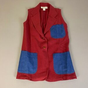 Caron Callahan Vest Size Small Red Blue w/ Denim Pockets Cotton Linen Sleeveless